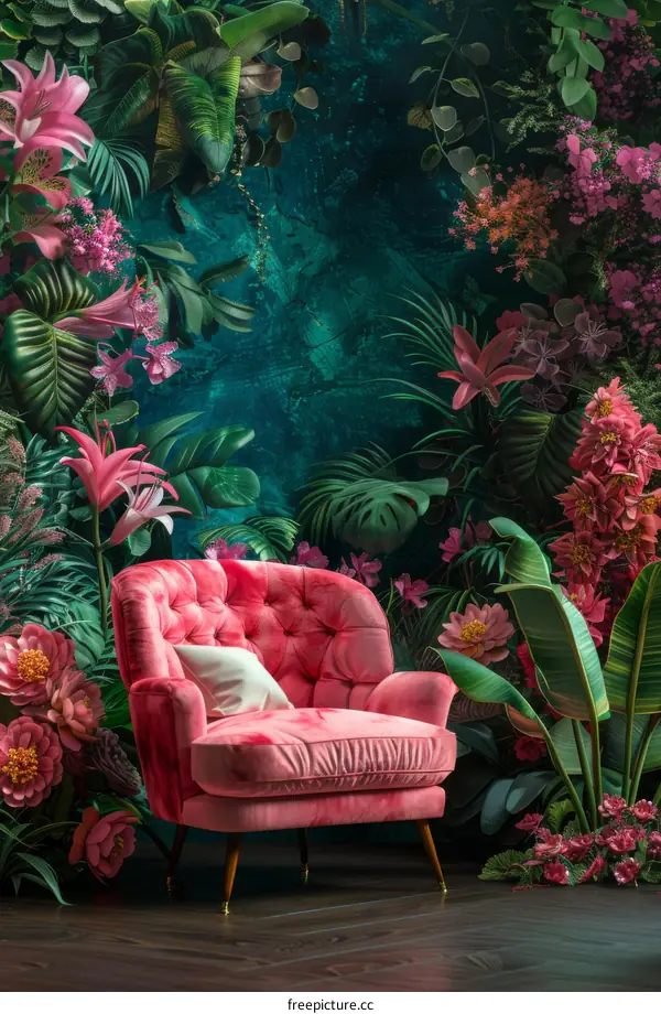 Pink Velvet Armchair in Tropical Floral Setting