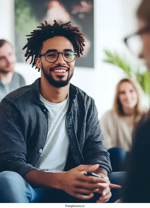 Smiling Man with Dreadlocks Wearing Glasses