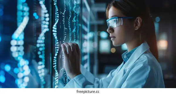 Scientist analyzing DNA sequencing data on a futuristic interface.