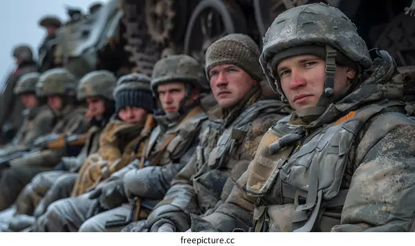 A group of soldiers in winter gear sit in front of a tank.