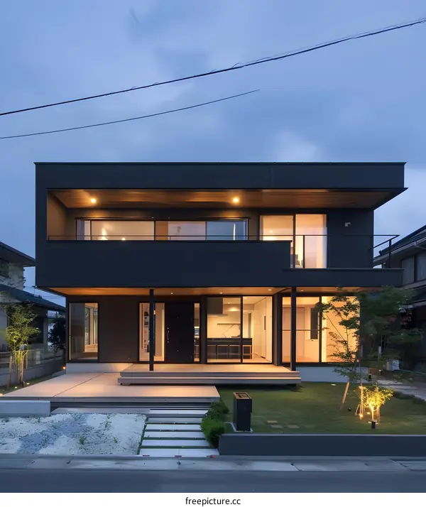 Modern Black House Exterior with Large Windows and a Wooden Deck