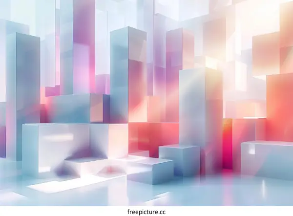 Abstract 3D rendering of a cityscape with geometric shapes and vibrant colors