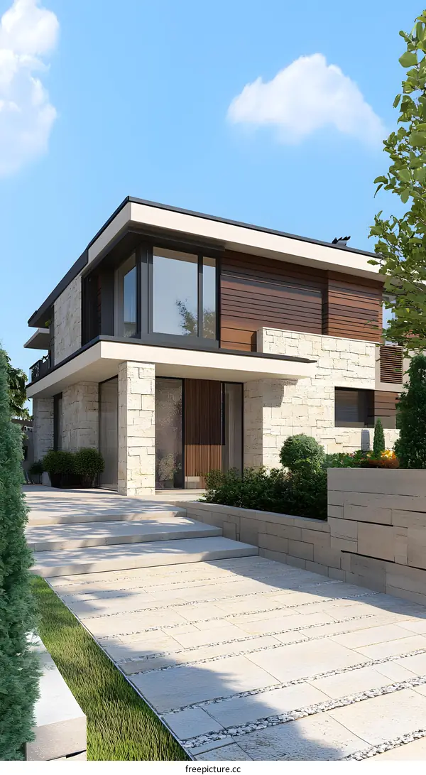 Modern House with Stone Facade and Landscaping