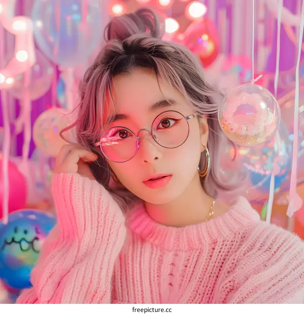 Portrait of Asian Woman Wearing Pink Sweater and Round Glasses