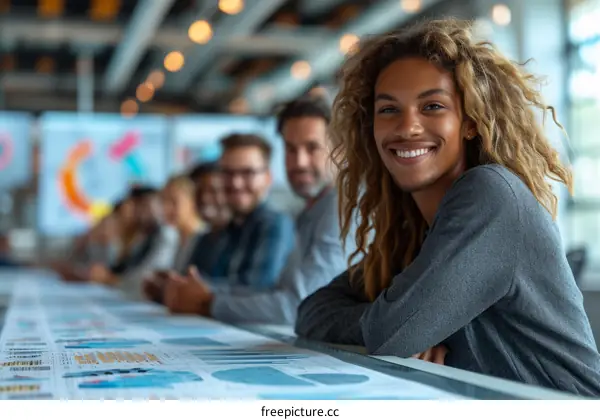 Group of multiethnic business people sitting at conference table and looking at camera