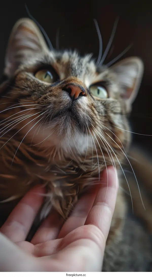 A ginger cat looking up at a person's hand
