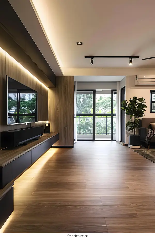 Modern Living Room With Wooden Floor and Large Window