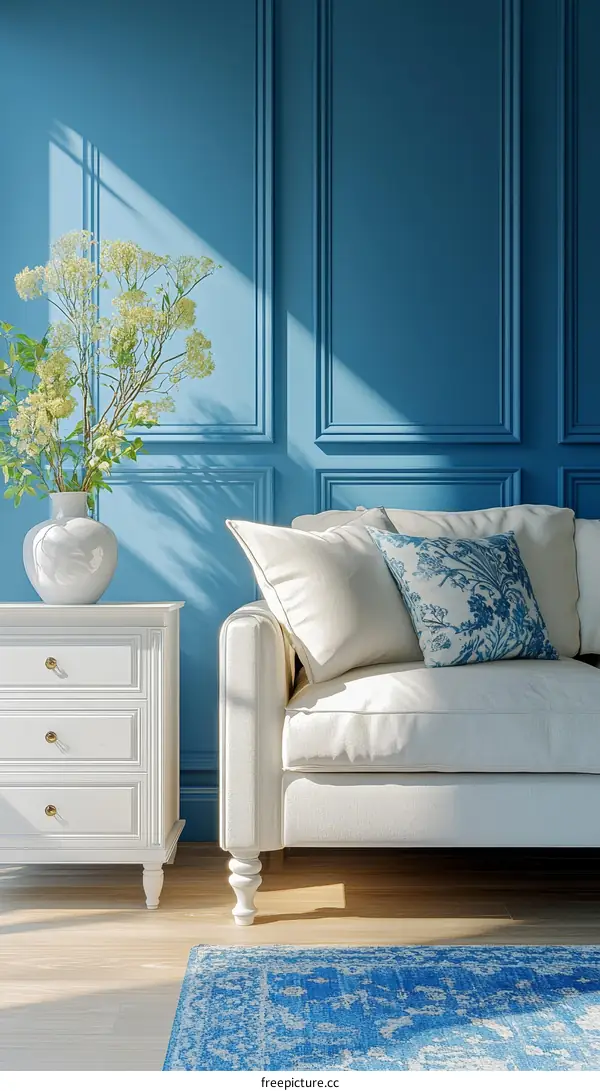 Cozy Living Room with Classic Blue Walls and White Furniture
