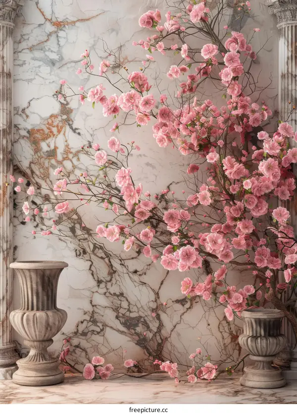 Romantic Pink Cherry Blossoms on Marble Wall Decor