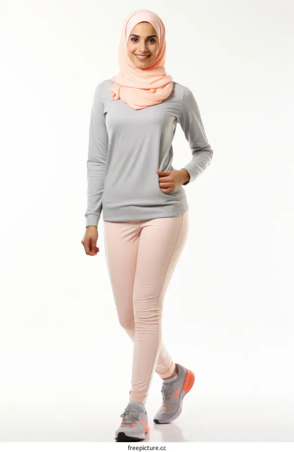 A young woman wearing a hijab and sportswear
