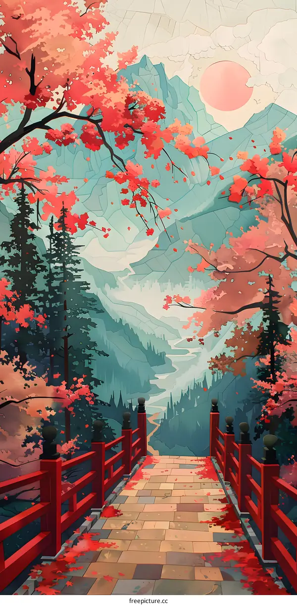 Red Bridge to Tranquility: A Scenic Landscape