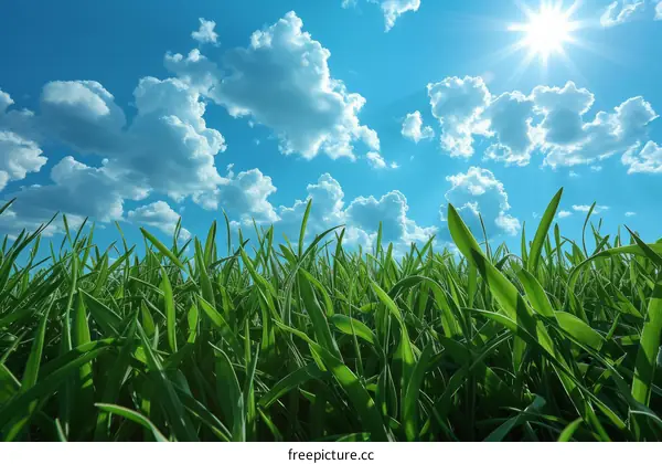 Green grass field under blue sky with white clouds and bright sun