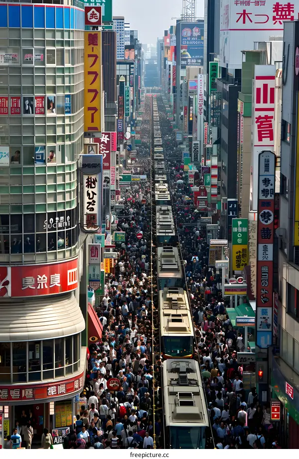Crowded Street in Tokyo, Japan with Many People Walking and Shopping