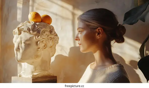 Woman Looking at a Bust with Oranges on Top