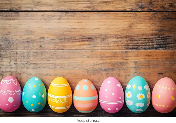 Colorful Easter Eggs on Wooden Background