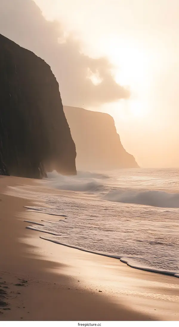 Golden Sunset Over Sandy Beach And Cliffs
