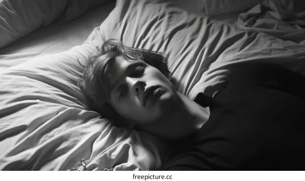 Portrait of a young man lying on a bed looking at the camera with a serious expression on his face