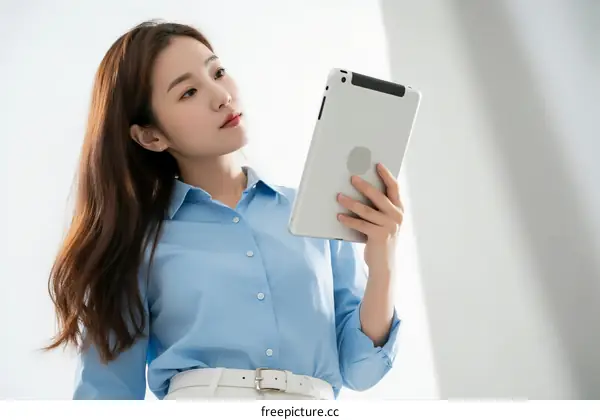 Young woman holding a tablet and looking up