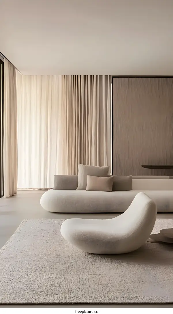 Modern Minimalist Living Room Interior Design with Beige Sofa and Curtained Window