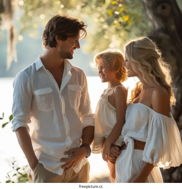 Happy family of three near the lake