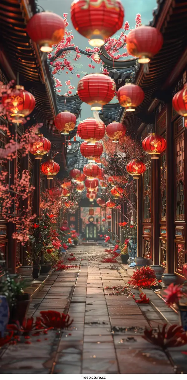 Street Decorated with Traditional Red Lanterns for Spring Festival