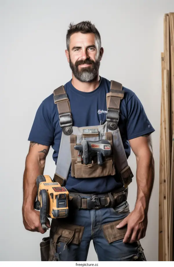 Bearded man in work clothes with a tool belt and holding a power tool