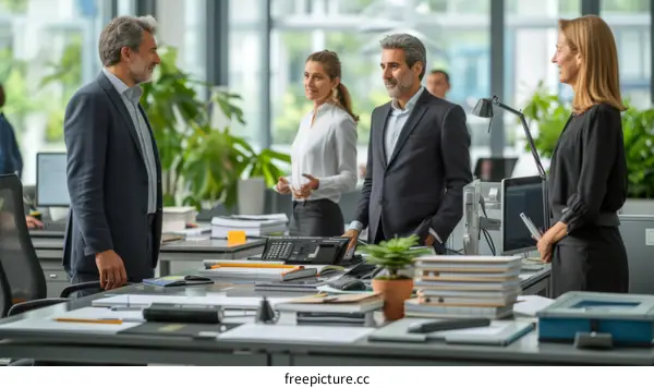 Colleagues discussing about work in the office