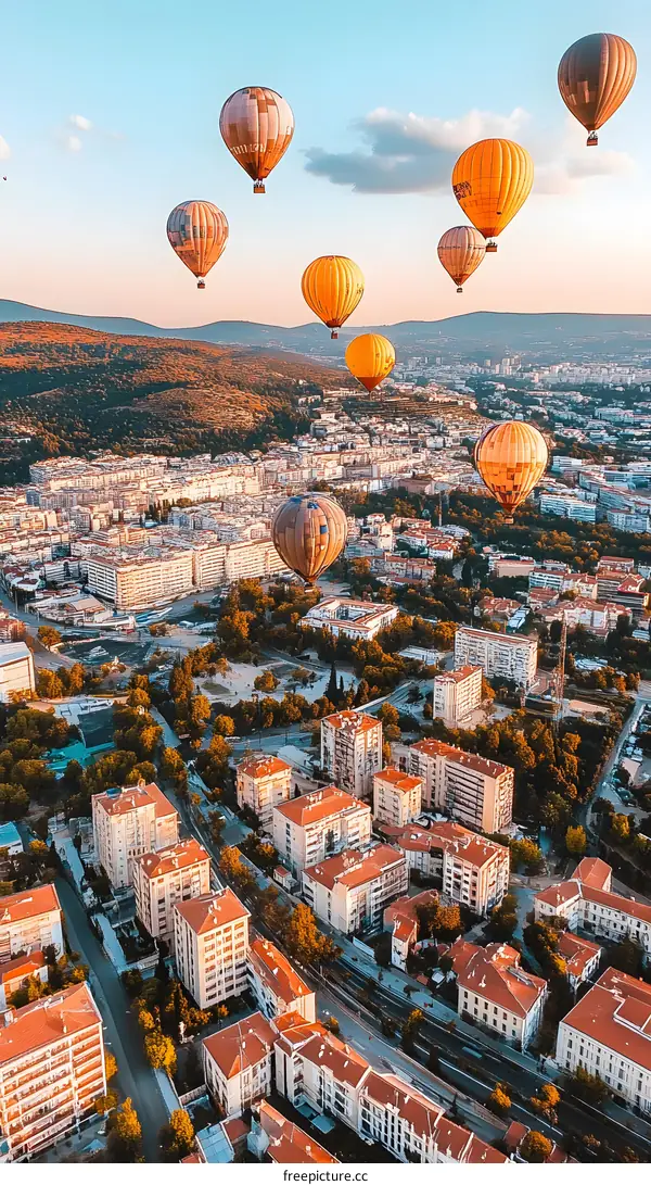 Hot Air Balloons Flying Over Cityscape