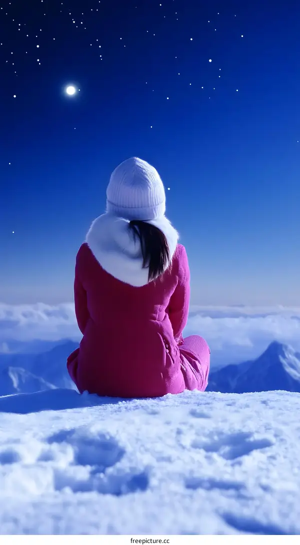 Woman Sitting on Mountain Top Looking at Stars
