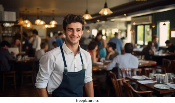 Portrait of a waiter in a busy restaurant