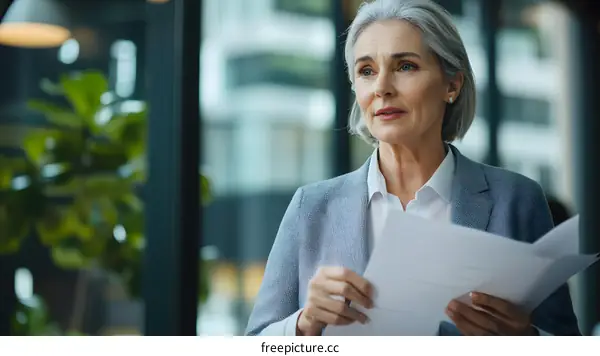 Senior Businesswoman Reviewing Documents in Office