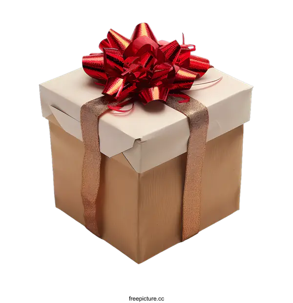 [Transparent Background PNG]Gift Box with Red Ribbon and Gold Bow