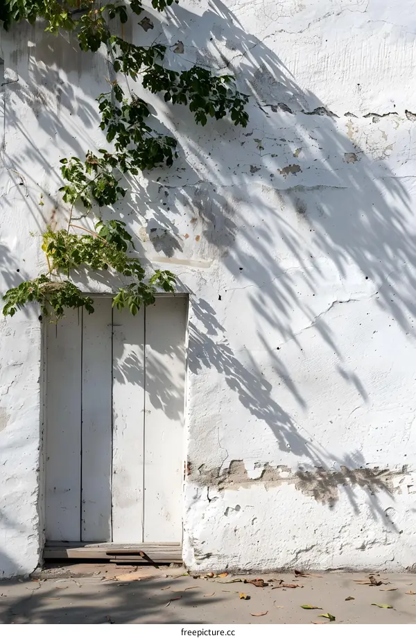 White Wall with Door and Plant Shadow