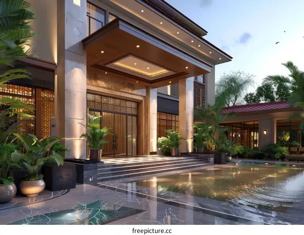 Luxury Mansion Entrance Design with Water Feature