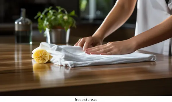 Woman folding white clothes on a wooden table
