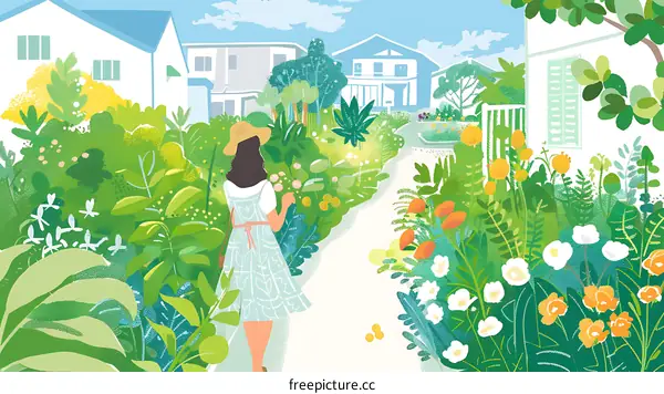 Woman Walking Through a Lush Garden in Summer