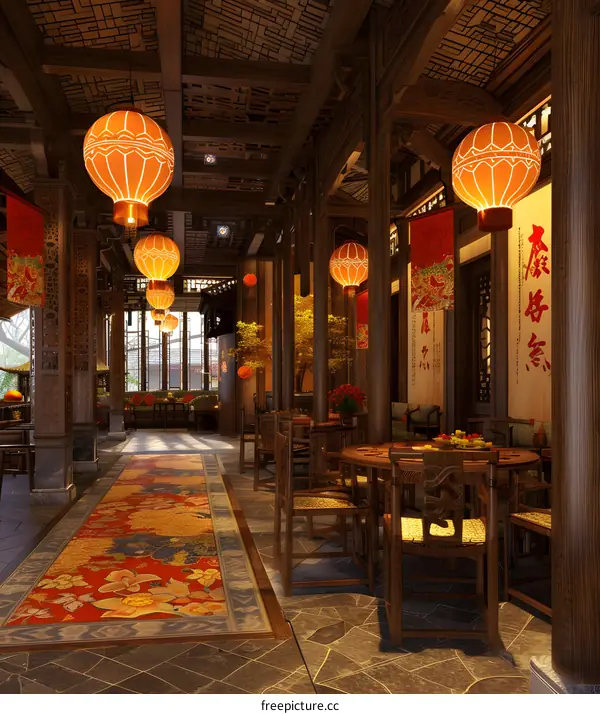 Traditional Chinese Restaurant Interior Design with Red Lanterns