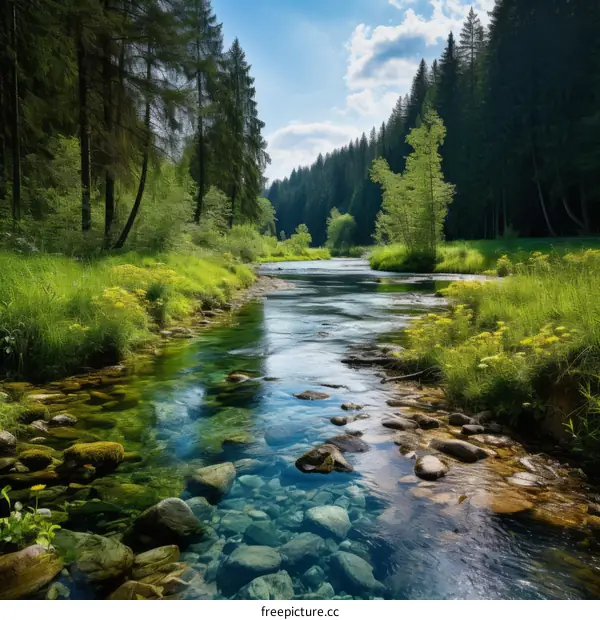 A river flowing through a lush green forest