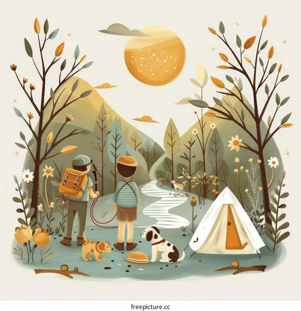 Two boys and two dogs go camping in the forest
