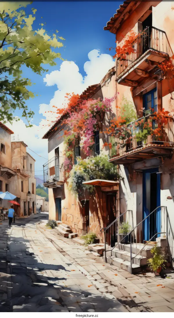 A narrow street with colorful houses and a tree