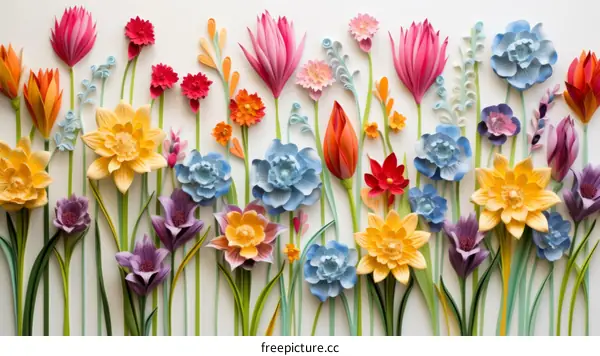 A variety of paper flowers of different colors are arranged in a row on a white background