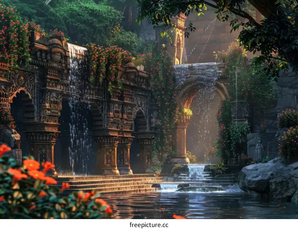 Fantasy Temple Ruins with Cascading Waterfalls