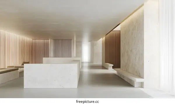 Modern Minimalist Interior Design of a Lobby with Stone Walls and Wooden Panels