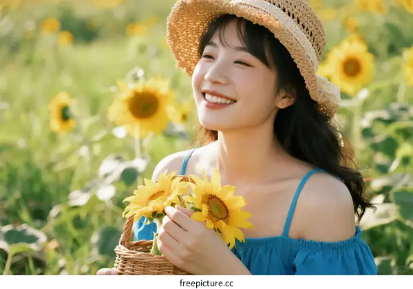 A Young Woman Holding Sunflowers in a Vibrant Field
