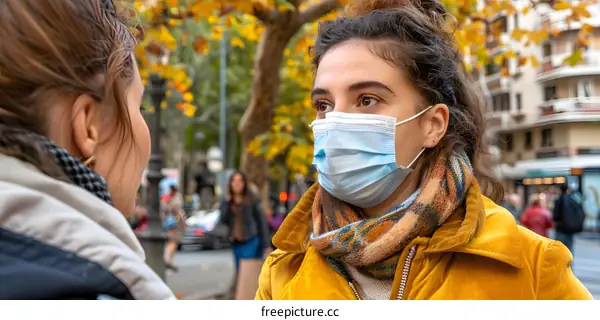 Two Young Women Wearing Face Masks on a City Street