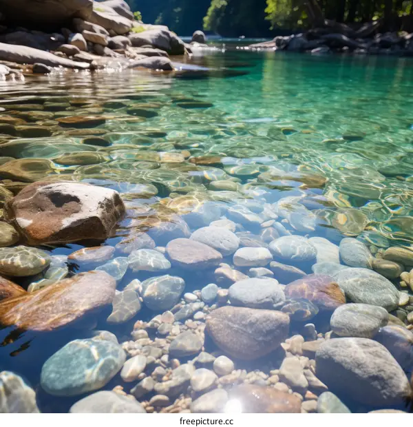 clear river water with smooth polished rocks on sunny day
