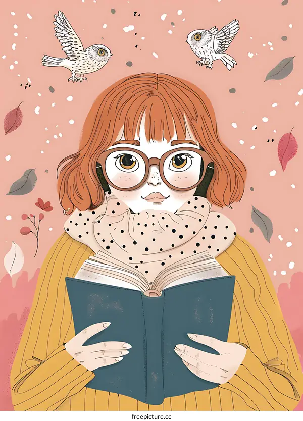 Girl Reading Book with Owls and Autumn Leaves Illustration