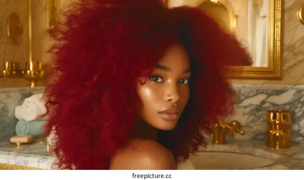 A young woman with red curly hair looks over her shoulder in front of a mirror.