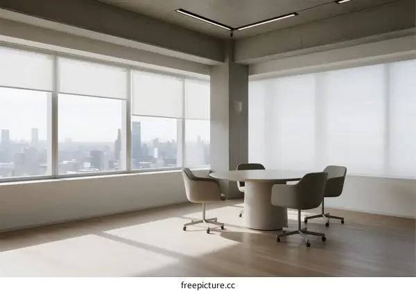 Modern office space with large windows and meeting table