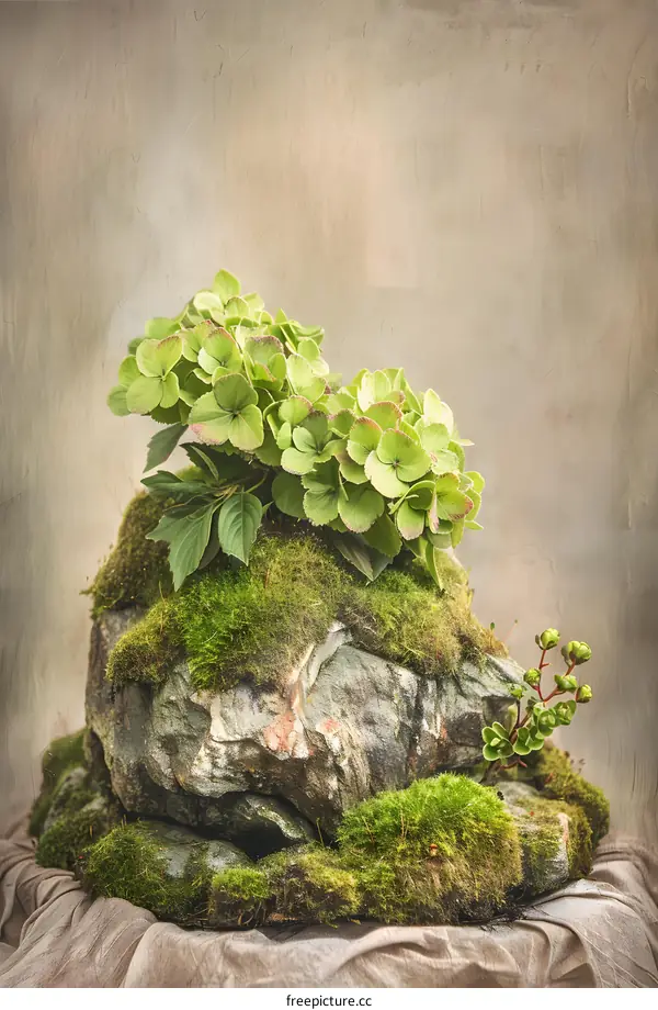 Green Hydrangea Flowers on a Moss Covered Stone